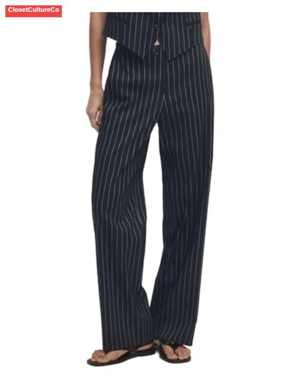 Women's Striped Wide Leg High Waisted Work Pants with Pockets